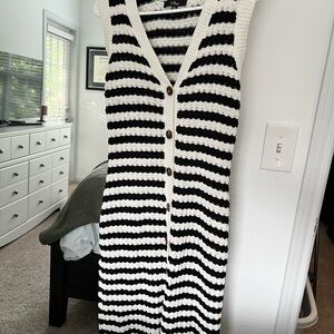 Effortlessly Vibing Ivory and Black Striped Sweater Midi Dress